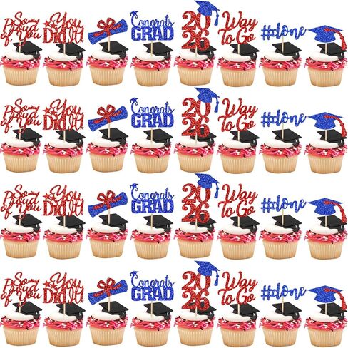 32Pcs Graduation Cupcake Toppers 2026 Red and Blue, Class of 2026 Graduation Cupcake Toppers 2026 Congrats Graduation Cap Diploma Cupcake Picks for 2026 Graduation Party Cake Decorations Red and Blue in Kuwait