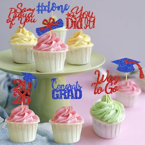 32Pcs Graduation Cupcake Toppers 2026 Red and Blue, Class of 2026 Graduation Cupcake Toppers 2026 Congrats Graduation Cap Diploma Cupcake Picks for 2026 Graduation Party Cake Decorations Red and Blue in Kuwait
