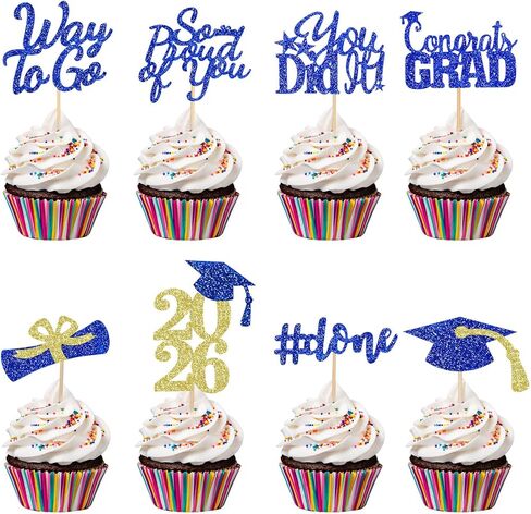 32Pcs Graduation Cupcake Toppers 2026 Red and Blue, Class of 2026 Graduation Cupcake Toppers 2026 Congrats Graduation Cap Diploma Cupcake Picks for 2026 Graduation Party Cake Decorations Red and Blue in Kuwait