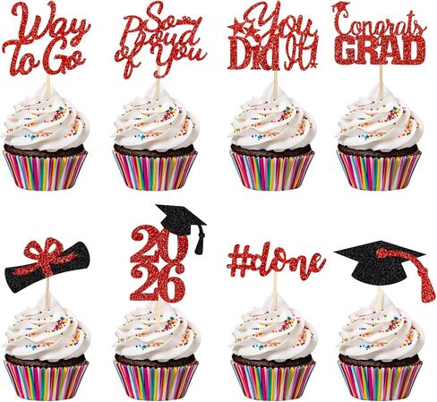 32Pcs Graduation Cupcake Toppers 2026 Red and Blue, Class of 2026 Graduation Cupcake Toppers 2026 Congrats Graduation Cap Diploma Cupcake Picks for 2026 Graduation Party Cake Decorations Red and Blue in Kuwait