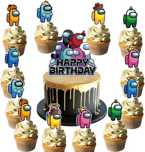 25Pcs Among Game Birthday Party Supplies Pack Includes 1 Cake Topper 24 Cupcake Toppers for Among Game Party Supplies in Saudi Arabia
