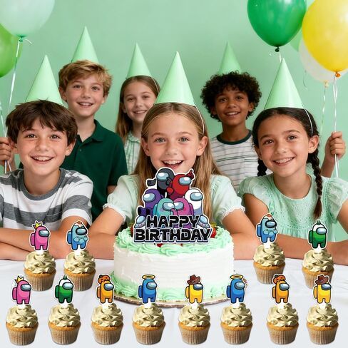 25Pcs Among Game Birthday Party Supplies Pack Includes 1 Cake Topper 24 Cupcake Toppers for Among Game Party Supplies in Saudi Arabia