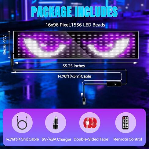 35.35 بوصة × 7.56 بوصة علامة LED قابلة للبرمجة على شكل عيون عربة الجولف للزجاج الأمامي، التطبيق وجهاز التحكم عن بعد، نصوص/صور/رسوم متحركة DIY، ديكورات الهالوين لعربة الجولف/المركبة/الشاحنة in Kuwait