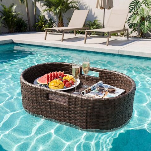Devoko Floating Pool Tray Large PE Rattan Pool Serving Bar, Luxury Pool Floating Table with Handles for Pool Party, Hot Tub & Beach (Brown) in Saudi Arabia