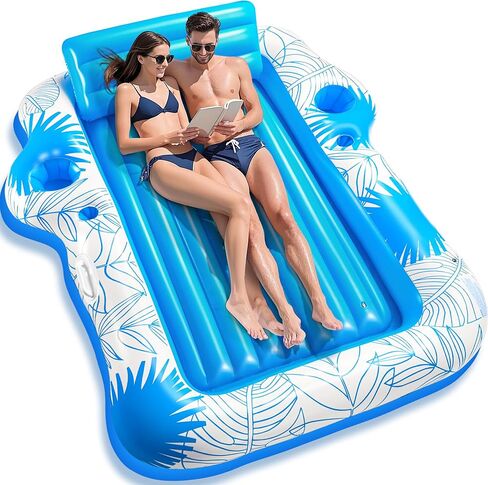 Inflatable Pool Lounger Float for Adults - JIANYHW X-Large Beach Sun Tan Tub Pool Lounge Raft Sunbathing Pool Floaties with 2 Food/Drink Holder, Blow Up Tanning Pool Bed Floating Mat in Saudi Arabia