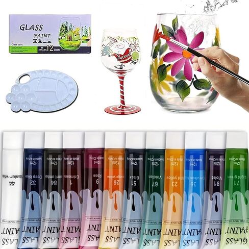 Acrylic Glass Paint Kit Transparent Stained Glass Paint for Wine Glass Window Ceramic Bottle Non-Toxic Waterproof Acrylic Enamel Painting Set for Adults Beginners(12 Colors / 5.04 Oz) in Saudi Arabia