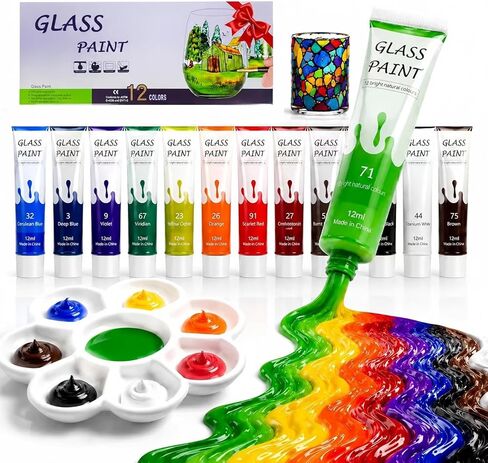 Acrylic Glass Paint Kit Transparent Stained Glass Paint for Wine Glass Window Ceramic Bottle Non-Toxic Waterproof Acrylic Enamel Painting Set for Adults Beginners(12 Colors / 5.04 Oz) in Saudi Arabia