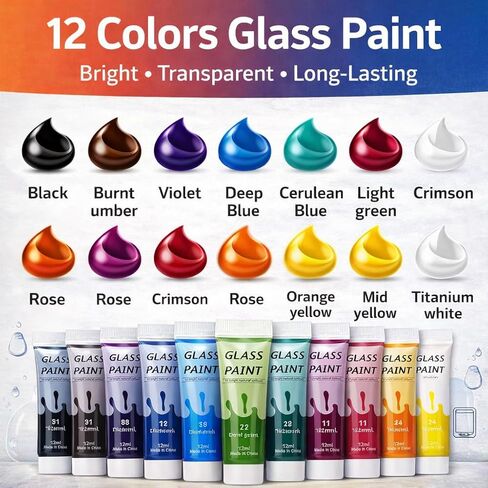 Acrylic Glass Paint Kit Transparent Stained Glass Paint for Wine Glass Window Ceramic Bottle Non-Toxic Waterproof Acrylic Enamel Painting Set for Adults Beginners(12 Colors / 5.04 Oz) in Saudi Arabia