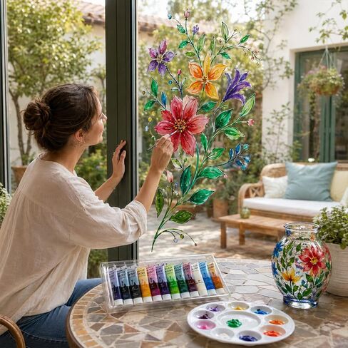 Acrylic Glass Paint Kit Transparent Stained Glass Paint for Wine Glass Window Ceramic Bottle Non-Toxic Waterproof Acrylic Enamel Painting Set for Adults Beginners(12 Colors / 5.04 Oz) in Saudi Arabia
