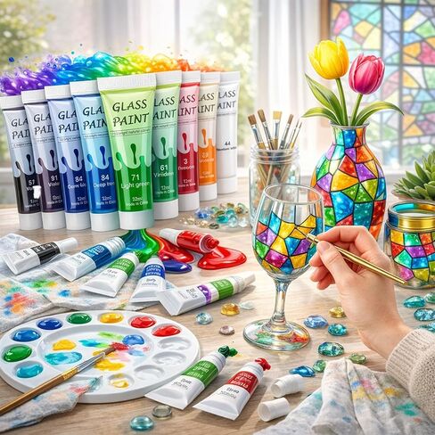 Acrylic Glass Paint Kit Transparent Stained Glass Paint for Wine Glass Window Ceramic Bottle Non-Toxic Waterproof Acrylic Enamel Painting Set for Adults Beginners(12 Colors / 5.04 Oz) in Saudi Arabia