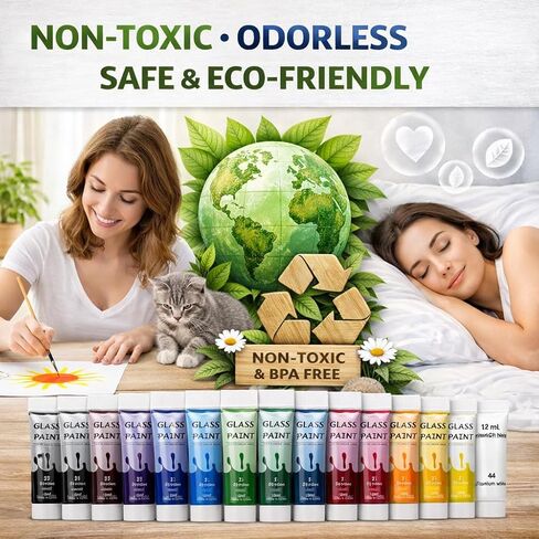 Acrylic Glass Paint Kit Transparent Stained Glass Paint for Wine Glass Window Ceramic Bottle Non-Toxic Waterproof Acrylic Enamel Painting Set for Adults Beginners(12 Colors / 5.04 Oz) in Saudi Arabia
