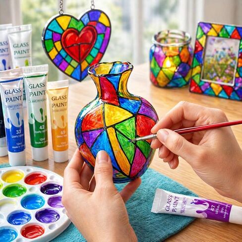 Acrylic Glass Paint Kit Transparent Stained Glass Paint for Wine Glass Window Ceramic Bottle Non-Toxic Waterproof Acrylic Enamel Painting Set for Adults Beginners(12 Colors / 5.04 Oz) in Saudi Arabia