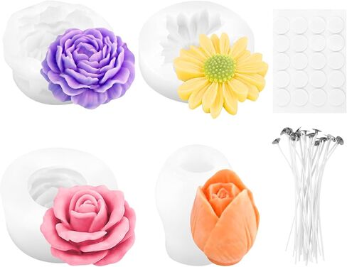 Flower Candle Resin Mold, 4 PCS Scented Candles Flower Silicone Molds, 3D Floral Silicone Molds with Wicks and Adhesive Stickers for Candle Soap Chocolate Home Decor, DIY Craft Supplies in Saudi Arabia