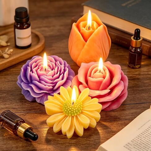 Flower Candle Resin Mold, 4 PCS Scented Candles Flower Silicone Molds, 3D Floral Silicone Molds with Wicks and Adhesive Stickers for Candle Soap Chocolate Home Decor, DIY Craft Supplies in Saudi Arabia