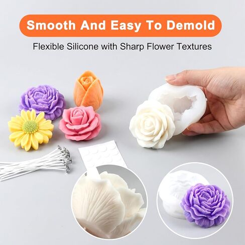 Flower Candle Resin Mold, 4 PCS Scented Candles Flower Silicone Molds, 3D Floral Silicone Molds with Wicks and Adhesive Stickers for Candle Soap Chocolate Home Decor, DIY Craft Supplies in Saudi Arabia