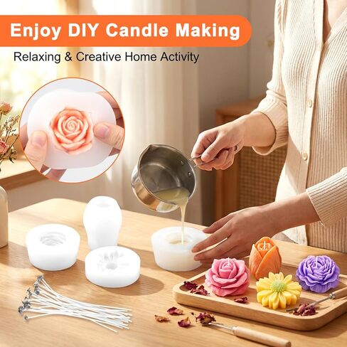 Flower Candle Resin Mold, 4 PCS Scented Candles Flower Silicone Molds, 3D Floral Silicone Molds with Wicks and Adhesive Stickers for Candle Soap Chocolate Home Decor, DIY Craft Supplies in Saudi Arabia