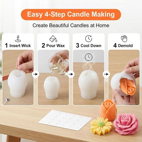Flower Candle Resin Mold, 4 PCS Scented Candles Flower Silicone Molds, 3D Floral Silicone Molds with Wicks and Adhesive Stickers for Candle Soap Chocolate Home Decor, DIY Craft Supplies in Saudi Arabia