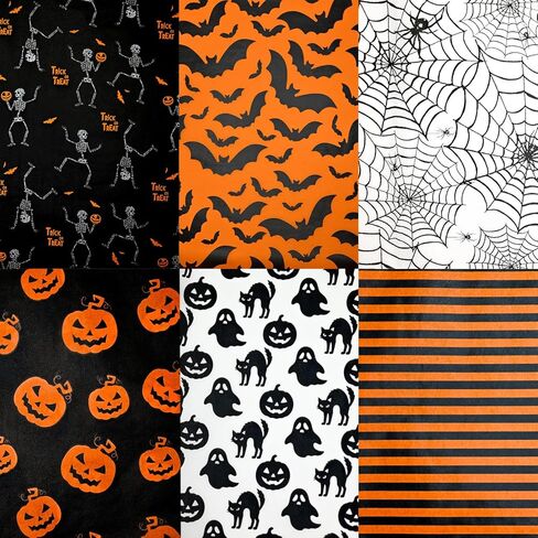 Adurself 120 Sheets Halloween Tissue Paper 14"X20" Black Orange Wrapping Paper with Ghost Pumpkin Bat Spider Pattern Art Packing for Halloween Birthday Party Gift Bag DIY Crafts (6 Patterns) in Saudi Arabia
