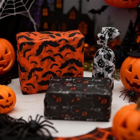 Adurself 120 Sheets Halloween Tissue Paper 14"X20" Black Orange Wrapping Paper with Ghost Pumpkin Bat Spider Pattern Art Packing for Halloween Birthday Party Gift Bag DIY Crafts (6 Patterns) in Saudi Arabia