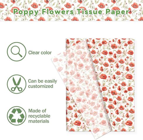 100 Sheets Watercolor Red Poppy Flower Tissue Paper, Wild Red Petals Black Stamens Blossom Art Wrapping Tissue Paper, 20 × 14 Inch Decorative Tissue Paper for Birthday Party, Wedding, Bridal Shower in Saudi Arabia