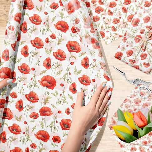 100 Sheets Watercolor Red Poppy Flower Tissue Paper, Wild Red Petals Black Stamens Blossom Art Wrapping Tissue Paper, 20 × 14 Inch Decorative Tissue Paper for Birthday Party, Wedding, Bridal Shower in Saudi Arabia