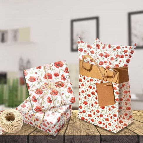 100 Sheets Watercolor Red Poppy Flower Tissue Paper, Wild Red Petals Black Stamens Blossom Art Wrapping Tissue Paper, 20 × 14 Inch Decorative Tissue Paper for Birthday Party, Wedding, Bridal Shower in Saudi Arabia