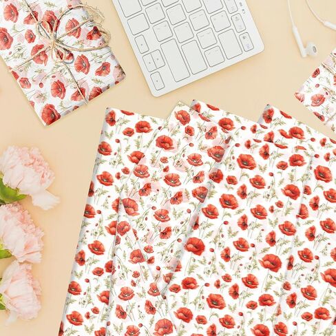 100 Sheets Watercolor Red Poppy Flower Tissue Paper, Wild Red Petals Black Stamens Blossom Art Wrapping Tissue Paper, 20 × 14 Inch Decorative Tissue Paper for Birthday Party, Wedding, Bridal Shower in Saudi Arabia
