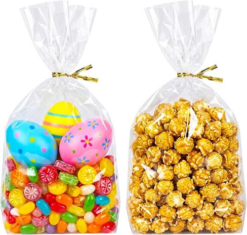 rebucas Cellophane Bags Flat Bottom Cookie Bags Cellophane Treat Bag with Twist Ties for Candy, Cookies, Popcorn, Small Gift Wrapping, 50 Pack 7x10 Inches, Clear in Saudi Arabia