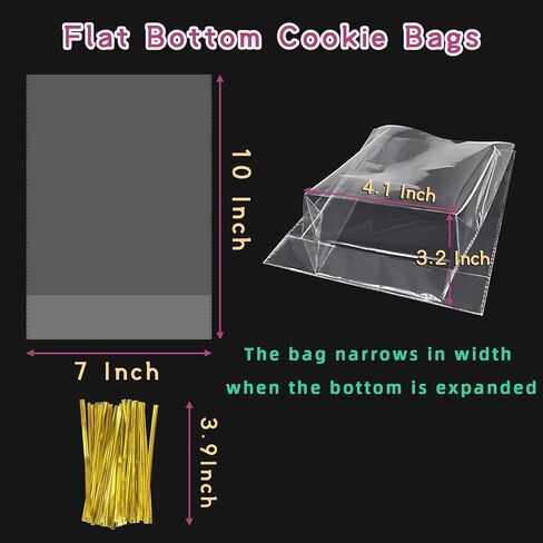 rebucas Cellophane Bags Flat Bottom Cookie Bags Cellophane Treat Bag with Twist Ties for Candy, Cookies, Popcorn, Small Gift Wrapping, 50 Pack 7x10 Inches, Clear in Saudi Arabia