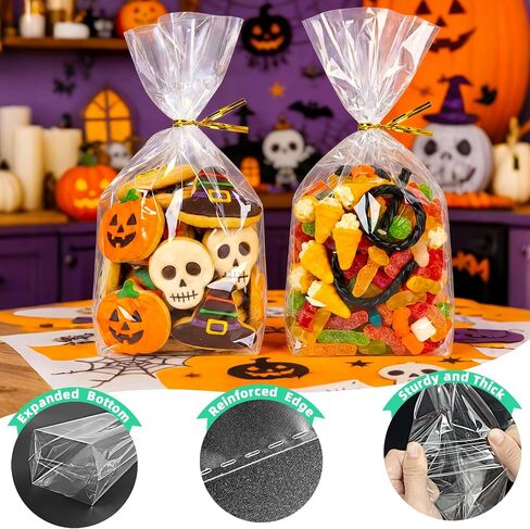 rebucas Cellophane Bags Flat Bottom Cookie Bags Cellophane Treat Bag with Twist Ties for Candy, Cookies, Popcorn, Small Gift Wrapping, 50 Pack 7x10 Inches, Clear in Saudi Arabia