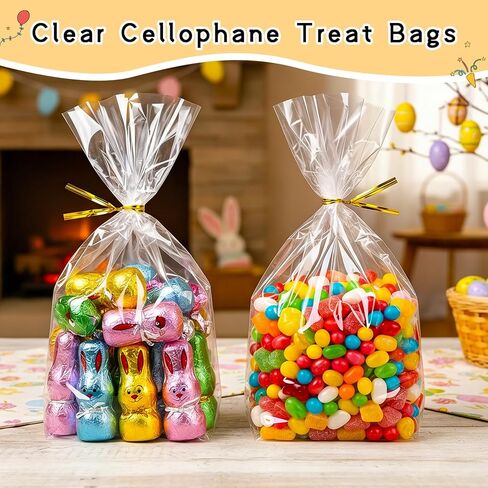 rebucas Cellophane Bags Flat Bottom Cookie Bags Cellophane Treat Bag with Twist Ties for Candy, Cookies, Popcorn, Small Gift Wrapping, 50 Pack 7x10 Inches, Clear in Saudi Arabia