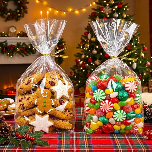 rebucas Cellophane Bags Flat Bottom Cookie Bags Cellophane Treat Bag with Twist Ties for Candy, Cookies, Popcorn, Small Gift Wrapping, 50 Pack 7x10 Inches, Clear in Saudi Arabia