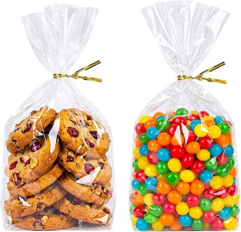 rebucas Cellophane Bags Flat Bottom Cookie Bags Cellophane Treat Bag with Twist Ties for Candy, Cookies, Popcorn, Small Gift Wrapping, 50 Pack 7x10 Inches, Clear in Saudi Arabia