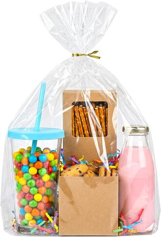 rebucas Cellophane Bags Flat Bottom Cookie Bags Cellophane Treat Bag with Twist Ties for Candy, Cookies, Popcorn, Small Gift Wrapping, 50 Pack 7x10 Inches, Clear in Saudi Arabia