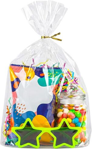 rebucas Cellophane Bags Flat Bottom Cookie Bags Cellophane Treat Bag with Twist Ties for Candy, Cookies, Popcorn, Small Gift Wrapping, 50 Pack 7x10 Inches, Clear in Saudi Arabia