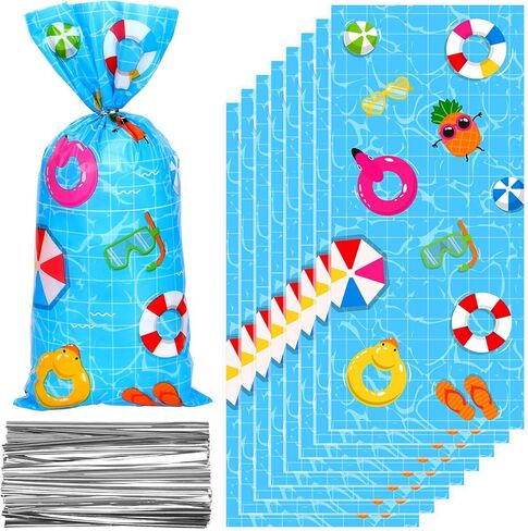 FYSUIMU 100 Pcs Summer Pool Party Cellophane Bags with Silver Twist Ties Beach Ball Plastic Goodie Candy Bag Cello Gift Bags for Hawaiian Pool Birthday Party Favors in Kuwait