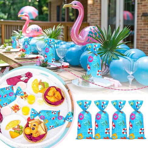 FYSUIMU 100 Pcs Summer Pool Party Cellophane Bags with Silver Twist Ties Beach Ball Plastic Goodie Candy Bag Cello Gift Bags for Hawaiian Pool Birthday Party Favors in Kuwait