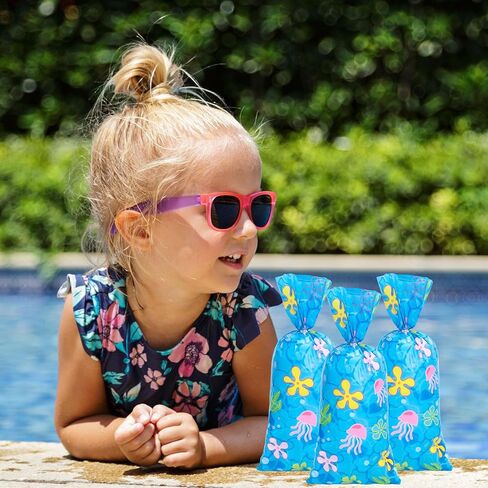 FYSUIMU 100 Pcs Summer Pool Party Cellophane Bags with Silver Twist Ties Beach Ball Plastic Goodie Candy Bag Cello Gift Bags for Hawaiian Pool Birthday Party Favors in Kuwait