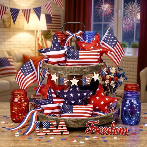 Novabright 7 Pcs 4th of July Vintage Fabric Hanging Ornaments 4th of July 250th Anniversary Star Bowl Filler Patriotic Red White Blue Star Decorations for Independence Day Home Decoration DIY Craft in Saudi Arabia