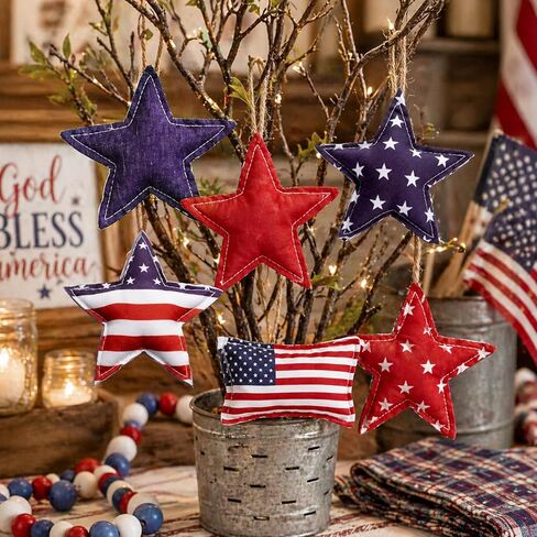 Novabright 7 Pcs 4th of July Vintage Fabric Hanging Ornaments 4th of July 250th Anniversary Star Bowl Filler Patriotic Red White Blue Star Decorations for Independence Day Home Decoration DIY Craft in Saudi Arabia