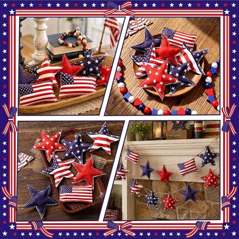 Novabright 7 Pcs 4th of July Vintage Fabric Hanging Ornaments 4th of July 250th Anniversary Star Bowl Filler Patriotic Red White Blue Star Decorations for Independence Day Home Decoration DIY Craft in Saudi Arabia