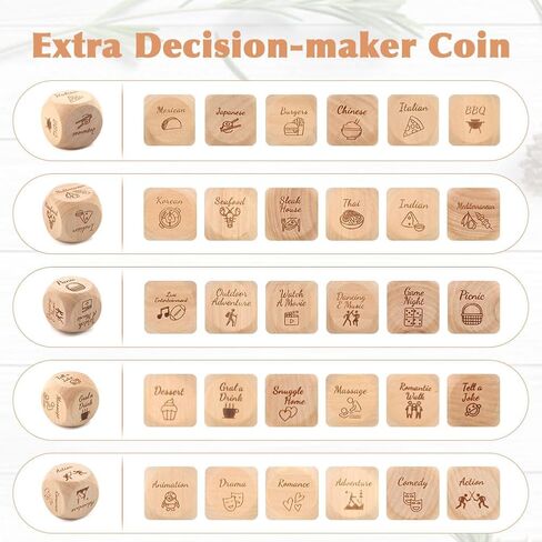 5-Piece Decision Maker Dice Set - Fun Wooden Dice for Couples, Adults, Date Nights, and Breaking Ties for Anniversaries, Valentines, Weddings & Game Nights(Color:Wood) in Saudi Arabia