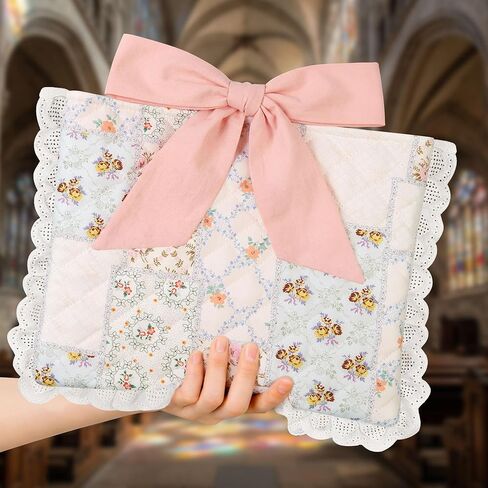 Vintage Spliced Floral Quilted Bible Cover for Women – Fits Standard Size Bibles Padded Protector Washable Cotton Case with Elegant Lace Trim & Bow Handle– Includes Interior Zipper Pocket in Saudi Arabia