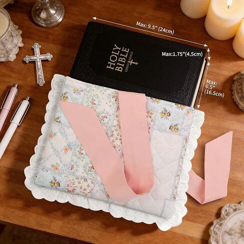 Vintage Spliced Floral Quilted Bible Cover for Women – Fits Standard Size Bibles Padded Protector Washable Cotton Case with Elegant Lace Trim & Bow Handle– Includes Interior Zipper Pocket in Saudi Arabia