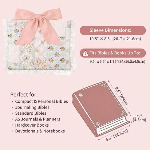 Vintage Spliced Floral Quilted Bible Cover for Women – Fits Standard Size Bibles Padded Protector Washable Cotton Case with Elegant Lace Trim & Bow Handle– Includes Interior Zipper Pocket in Saudi Arabia