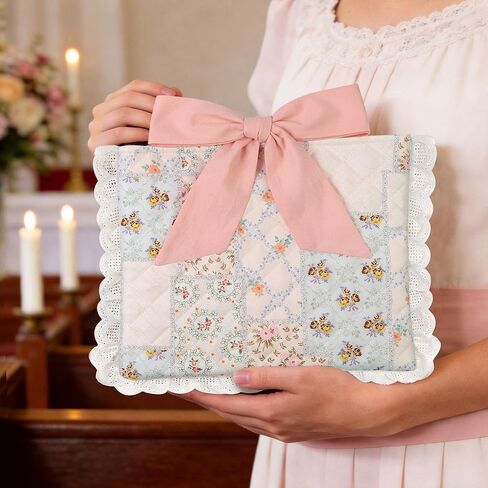 Vintage Spliced Floral Quilted Bible Cover for Women – Fits Standard Size Bibles Padded Protector Washable Cotton Case with Elegant Lace Trim & Bow Handle– Includes Interior Zipper Pocket in Saudi Arabia