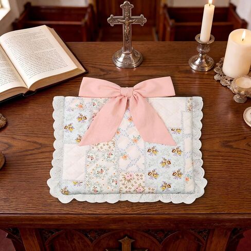 Vintage Spliced Floral Quilted Bible Cover for Women – Fits Standard Size Bibles Padded Protector Washable Cotton Case with Elegant Lace Trim & Bow Handle– Includes Interior Zipper Pocket in Saudi Arabia