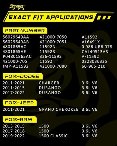 مولد كهربائي مطور Oktiger 220A لسيارة جيب جراند شيروكي 2011-2021 3.6L، لسيارة دودج تشارجر 2011-2021، دورانجو 2011-2015 2017-2022، لذاكرة الوصول العشوائي، V6 12V 220A في اتجاه عقارب الساعة 6-Groove Clutch Pulley، OE 56029649AA in Kuwait