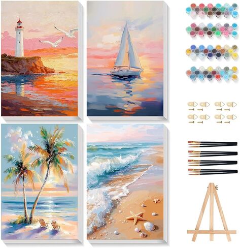 Gemozaic 4 Pack Beach Framed Paint by Numbers Kit for Adults, Small Easy Landscape Paint by Number with Frame for Adult Beginners, DIY Acrylic Numbers Painting for Home, Wall Decor, Gift, 8x12 inch in Saudi Arabia
