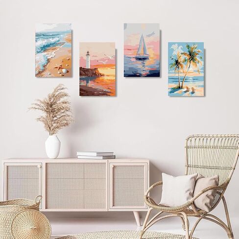 Gemozaic 4 Pack Beach Framed Paint by Numbers Kit for Adults, Small Easy Landscape Paint by Number with Frame for Adult Beginners, DIY Acrylic Numbers Painting for Home, Wall Decor, Gift, 8x12 inch in Saudi Arabia